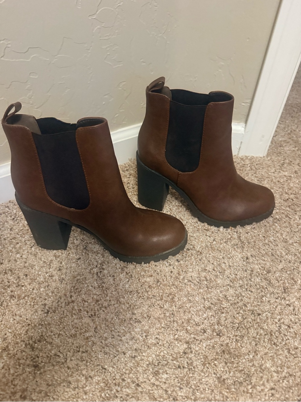 Soda Brown Chelsea Block Heel Ankle Booties